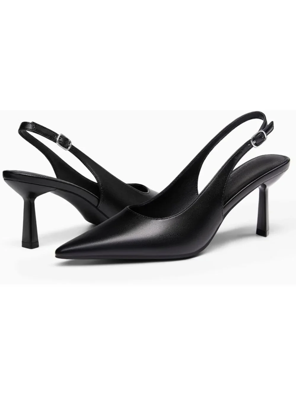 Women's Cool Black Rubber Slingback Kitten Heels Closed Pointed Toe Buckle Pumps